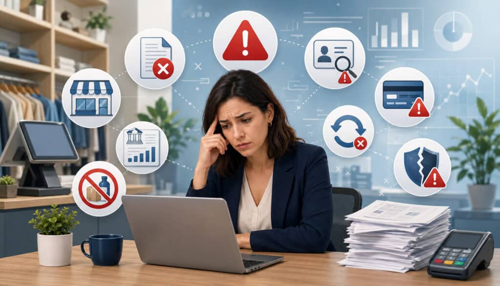 Worried business owner reviewing merchant account rejection risks