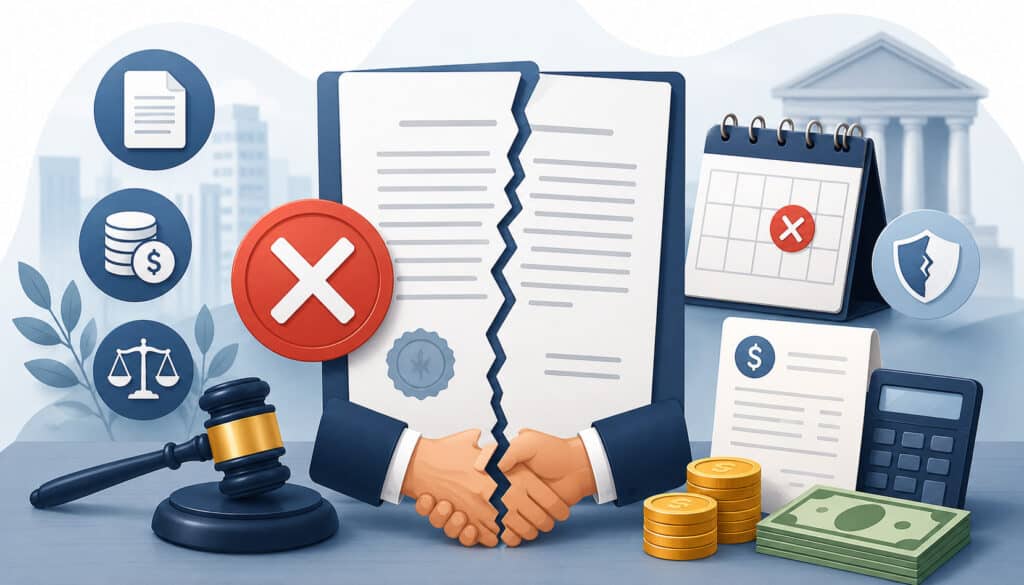 Illustration of a torn contract with cancellation, legal, and fee payment symbols
