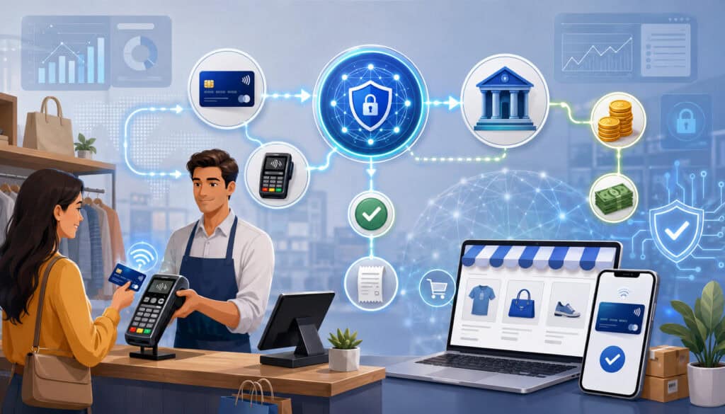 Payment processor and merchant account transaction flow illustration