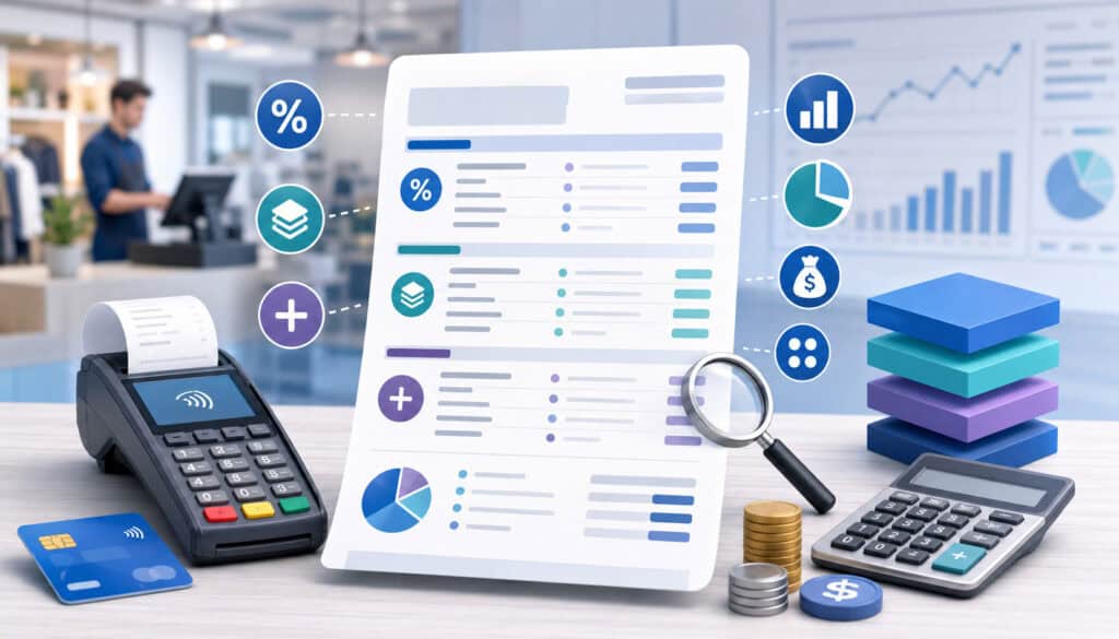 Merchant statement pricing models with payment processing icons