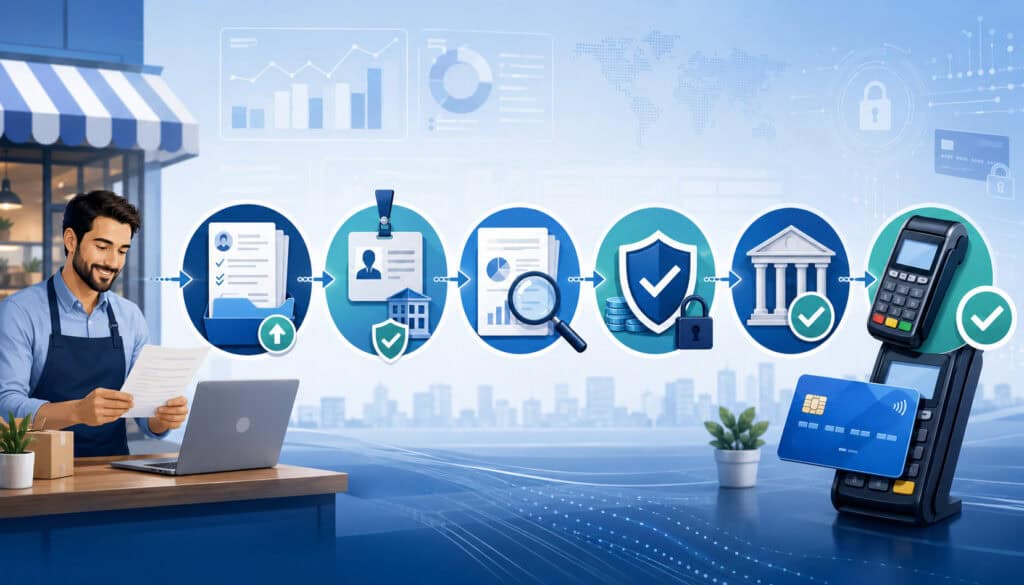 Merchant account approval process illustration with payment verification icons