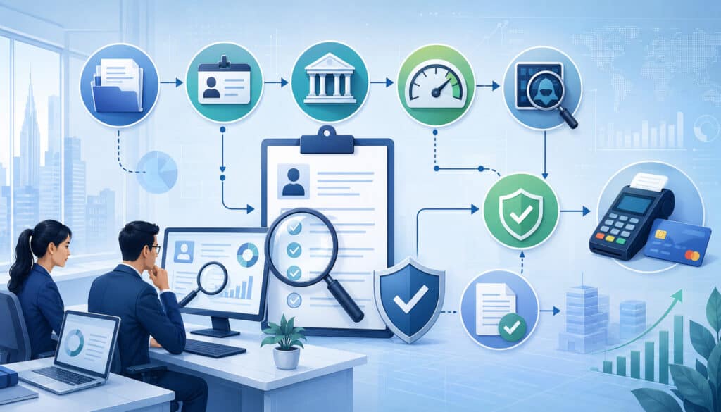 Merchant account underwriting process illustration with approval workflow icons