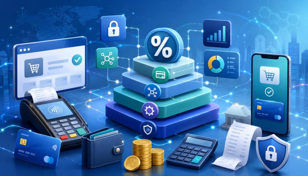 Payment processing pricing components with POS terminal, cards, fees, and security icons