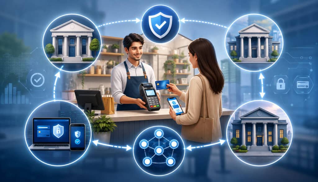 Key parties in a merchant processing agreement with connected payment flow icons