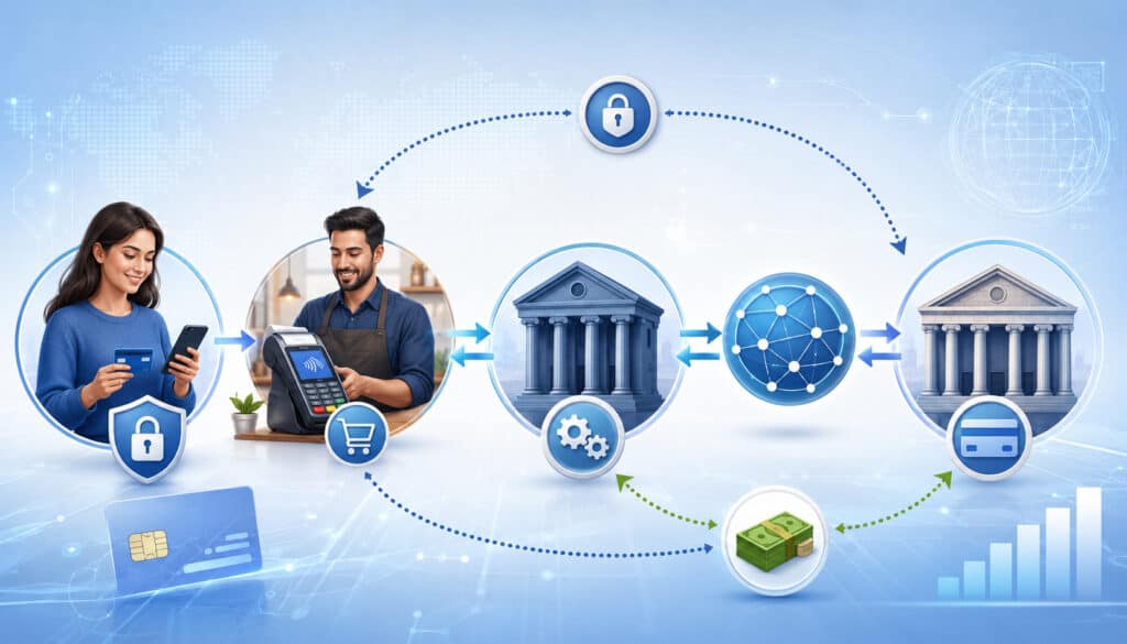 Payment authorization and settlement flow between customer, merchant, banks, and card network