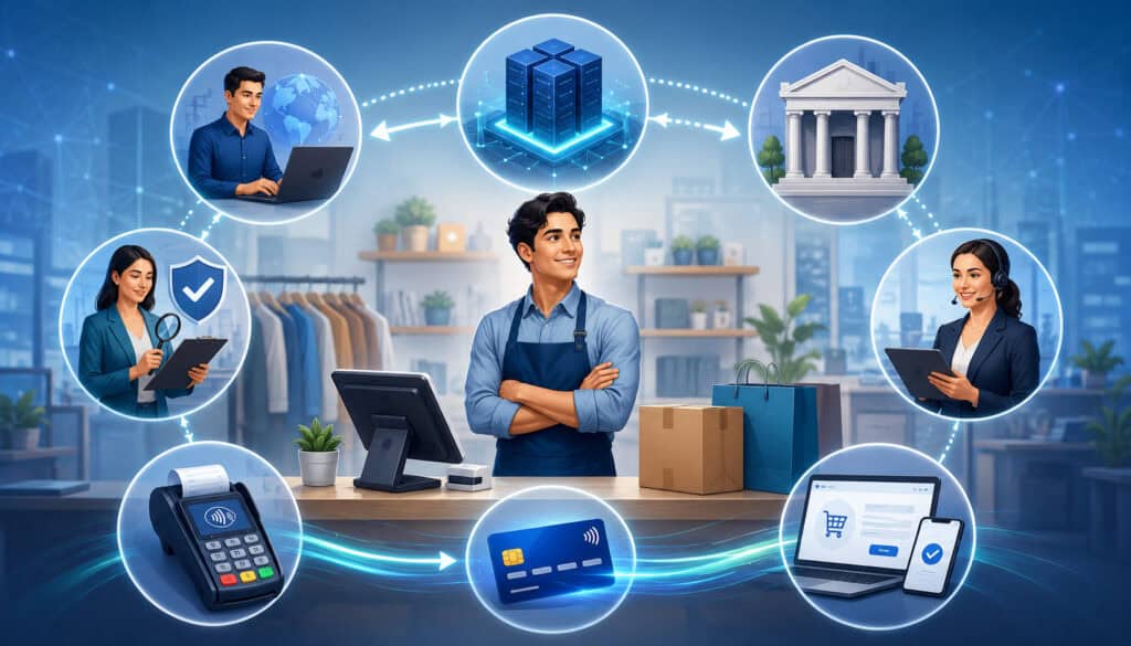 Merchant ID setup parties and payment processing network illustration
