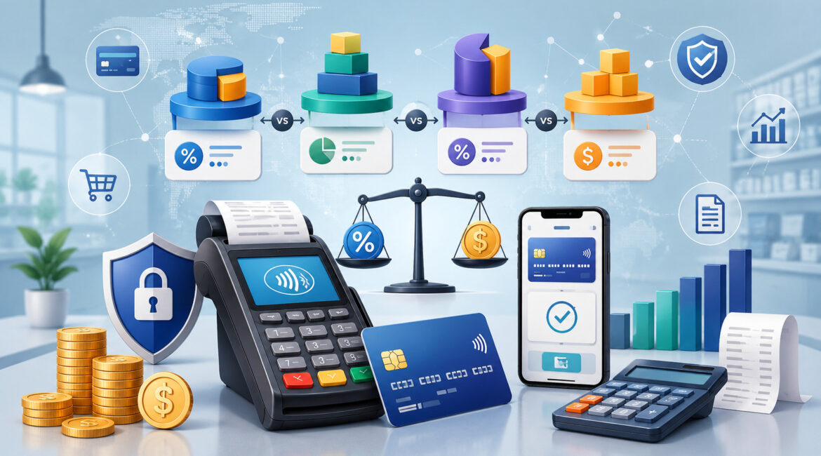 Merchant service pricing models with POS terminal, payment icons, fees, and analytics