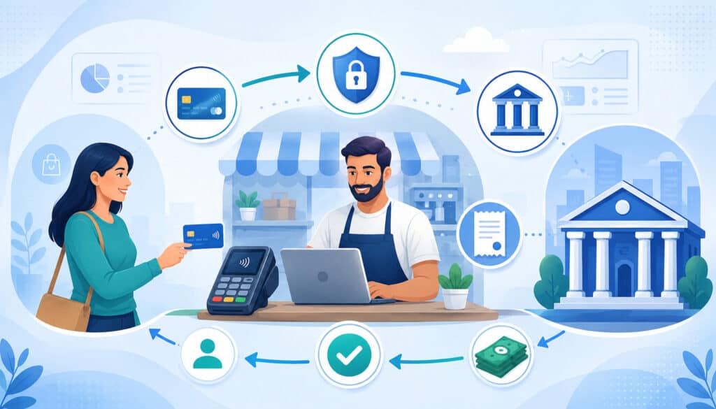 Merchant account payment processing illustration with customer, card, POS terminal, and bank