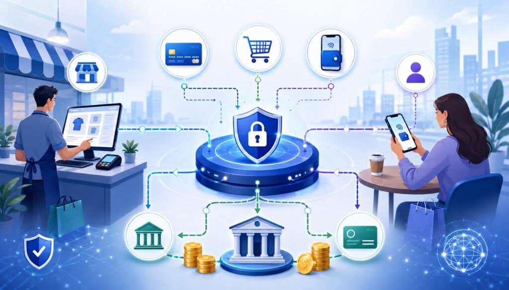 Secure payment processor connecting merchants, customers, cards, mobile payments, and banks