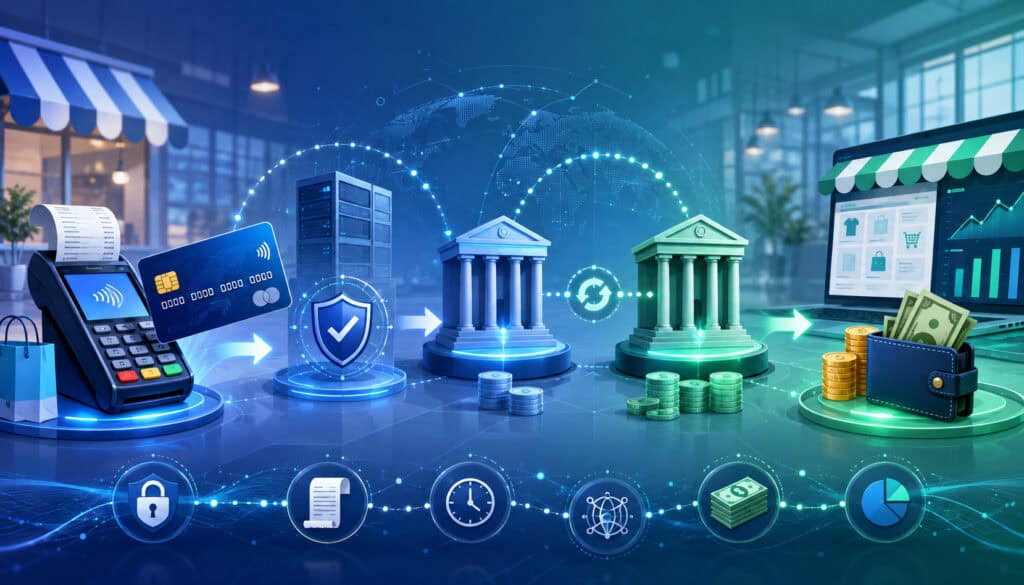 Card clearing, settlement, and merchant funding payment flow illustration