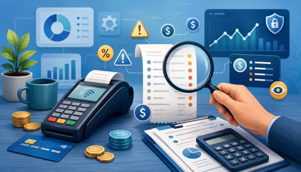 Merchant reviewing hidden payment processing fees with a magnifying glass