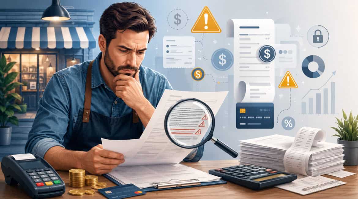 Small business owner reviewing merchant processing contract for hidden fees