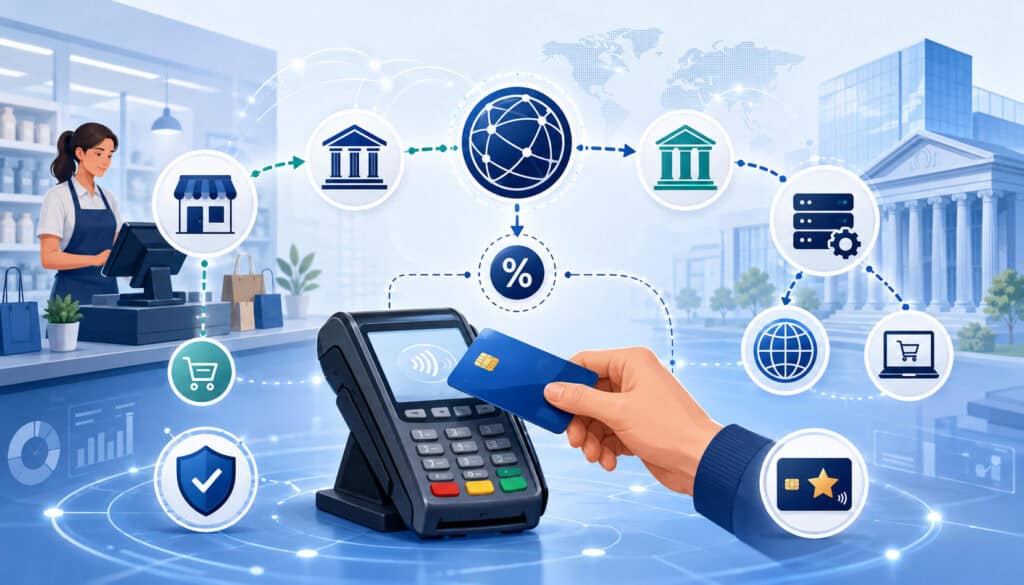 Credit card payment network illustrating interchange rate factors and transaction fees