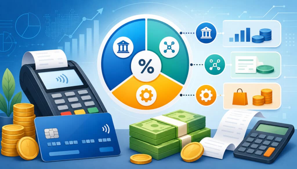 Credit card processing fees calculation illustration with payment terminal, card, coins, and fee breakdown icons