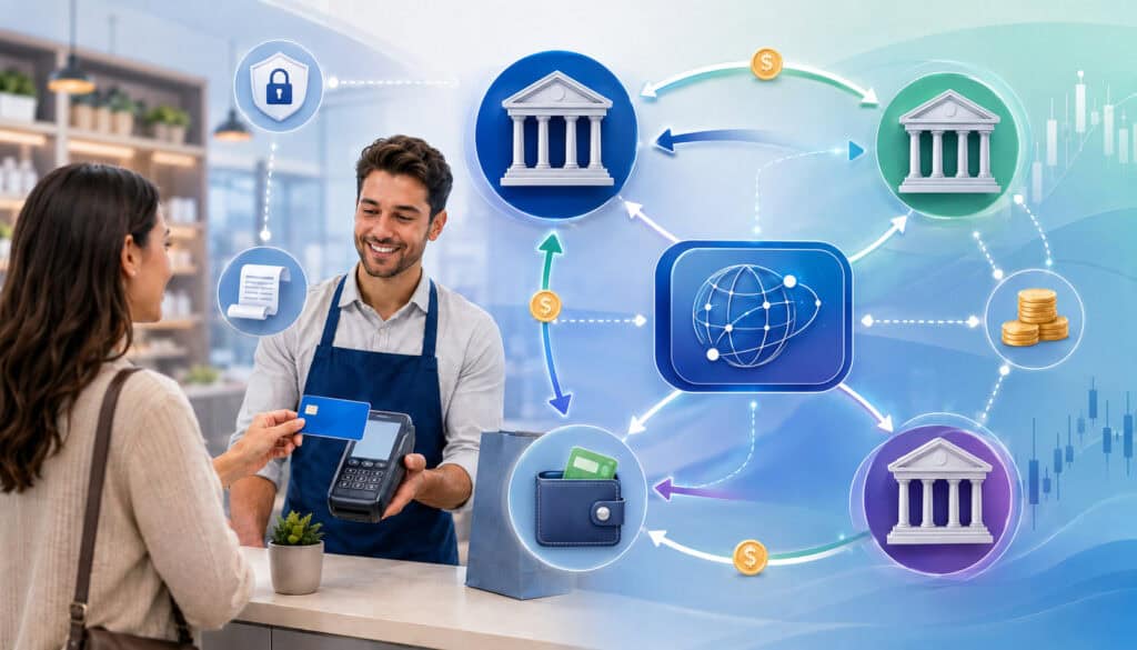 Customer card payment showing interchange fee flow between merchant, banks, and payment network