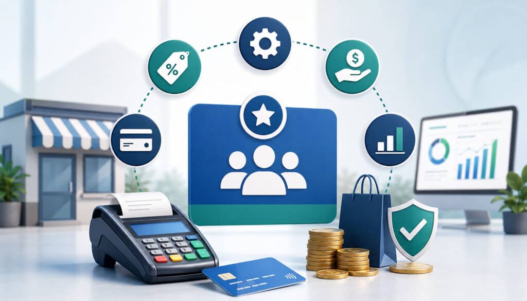 Membership-based merchant pricing with POS terminal and payment icons