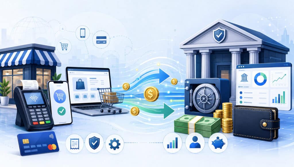 Merchant account payment flow to a business bank account