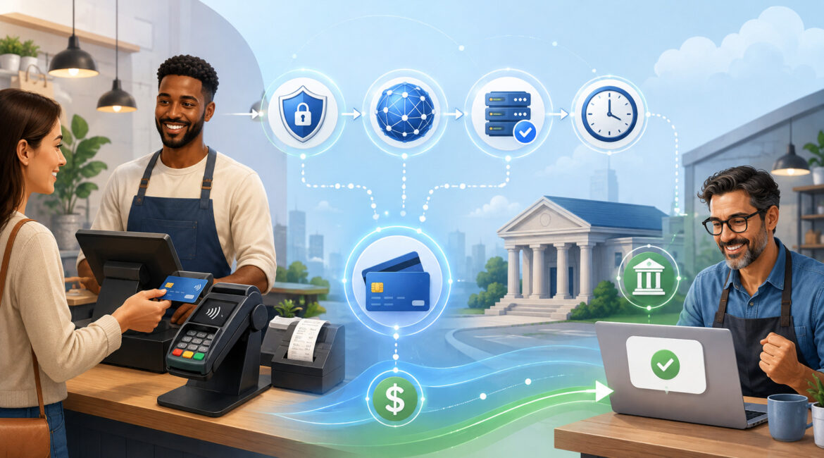 Customer card payment flowing through processing to merchant bank deposit