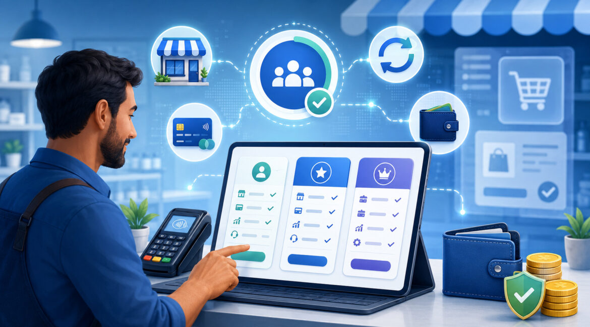 Merchant comparing membership-based pricing plans and payment processing options