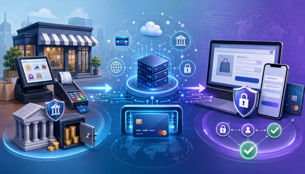 Merchant account, payment processor, and payment gateway illustration
