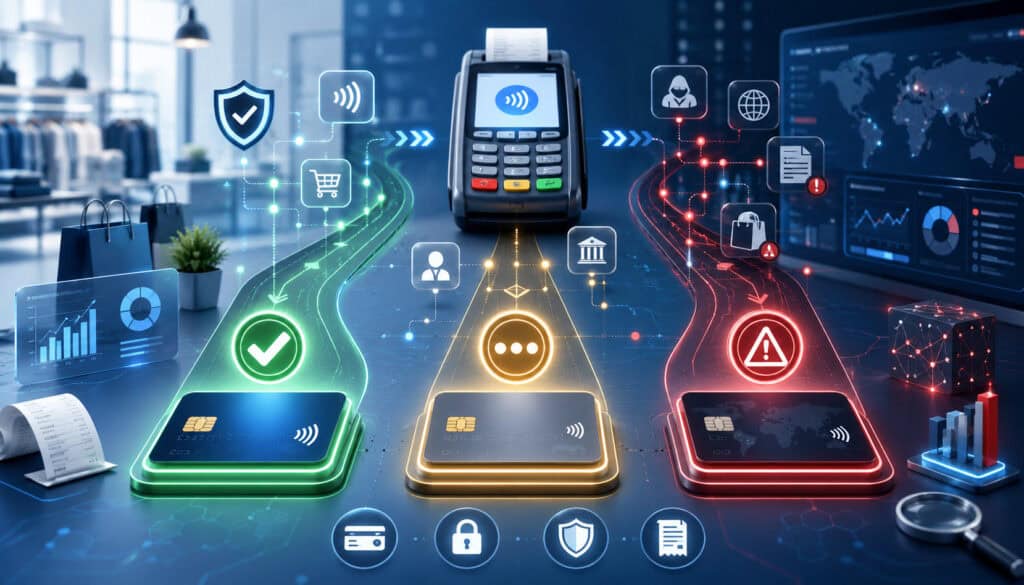 Qualified, mid-qualified, and non-qualified payment transaction illustration