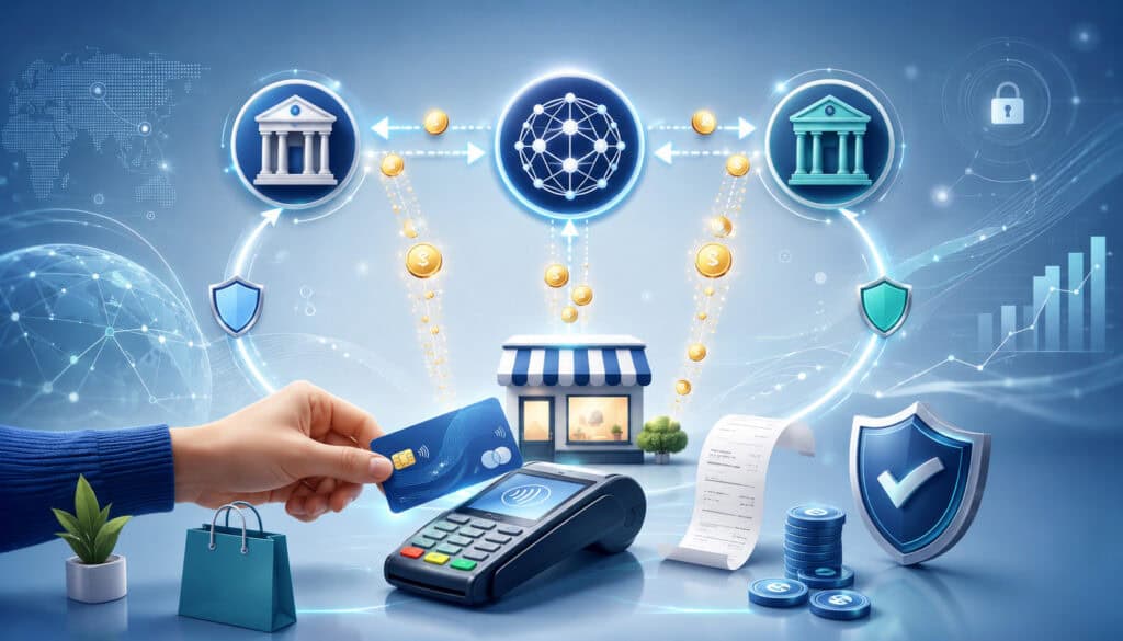 Card payment processing showing interchange fees and network assessment fees