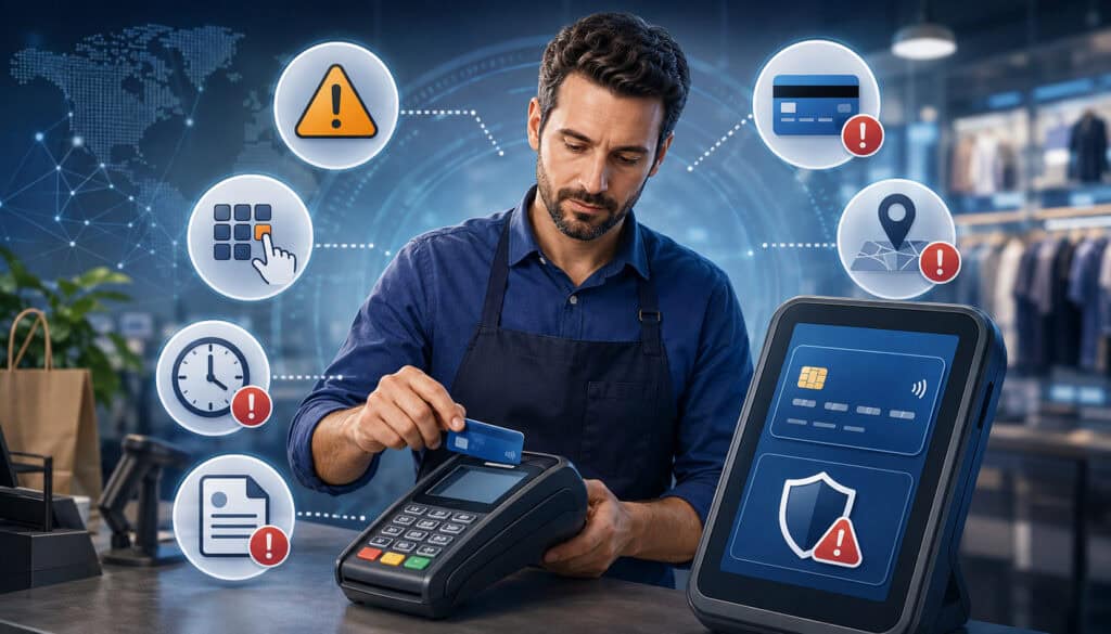 Merchant processing a non-qualified credit card transaction with payment warning icons