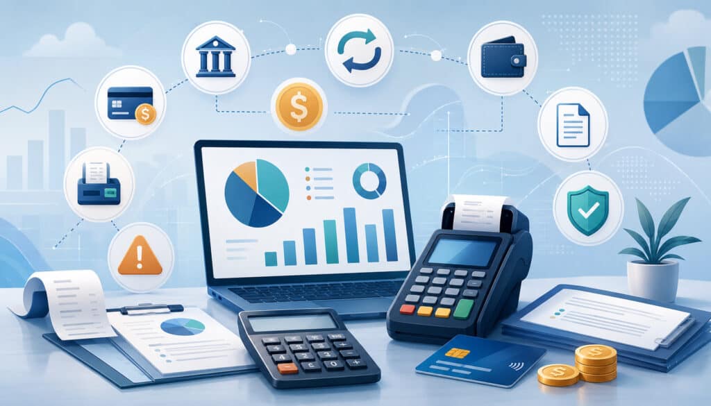 Payment processing fee analysis with calculator, card terminal, charts, and financial icons