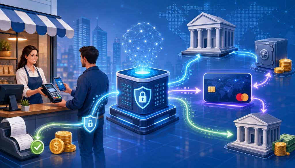 Merchant payment settlement process connecting customer, merchant, payment processor, card network, and banks