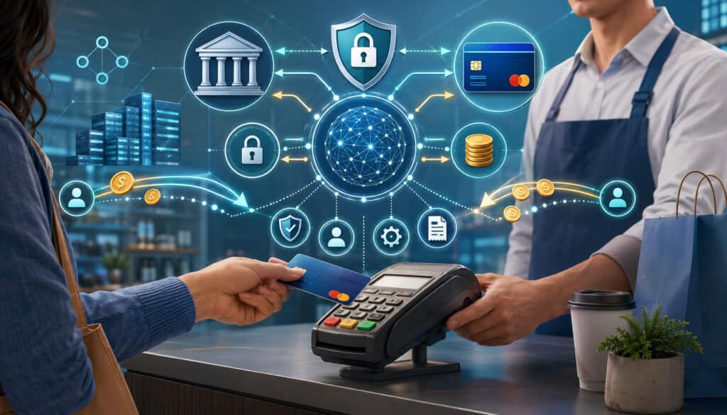 Card payment transaction showing interchange fee flow between banks and merchant