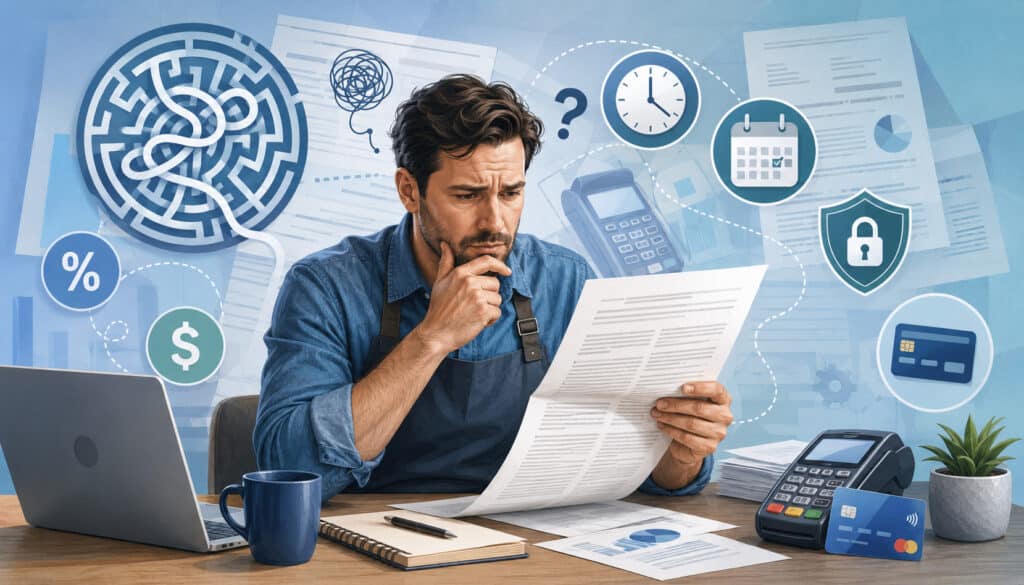 Merchant reviewing a complex payment processing contract with fee and security icons